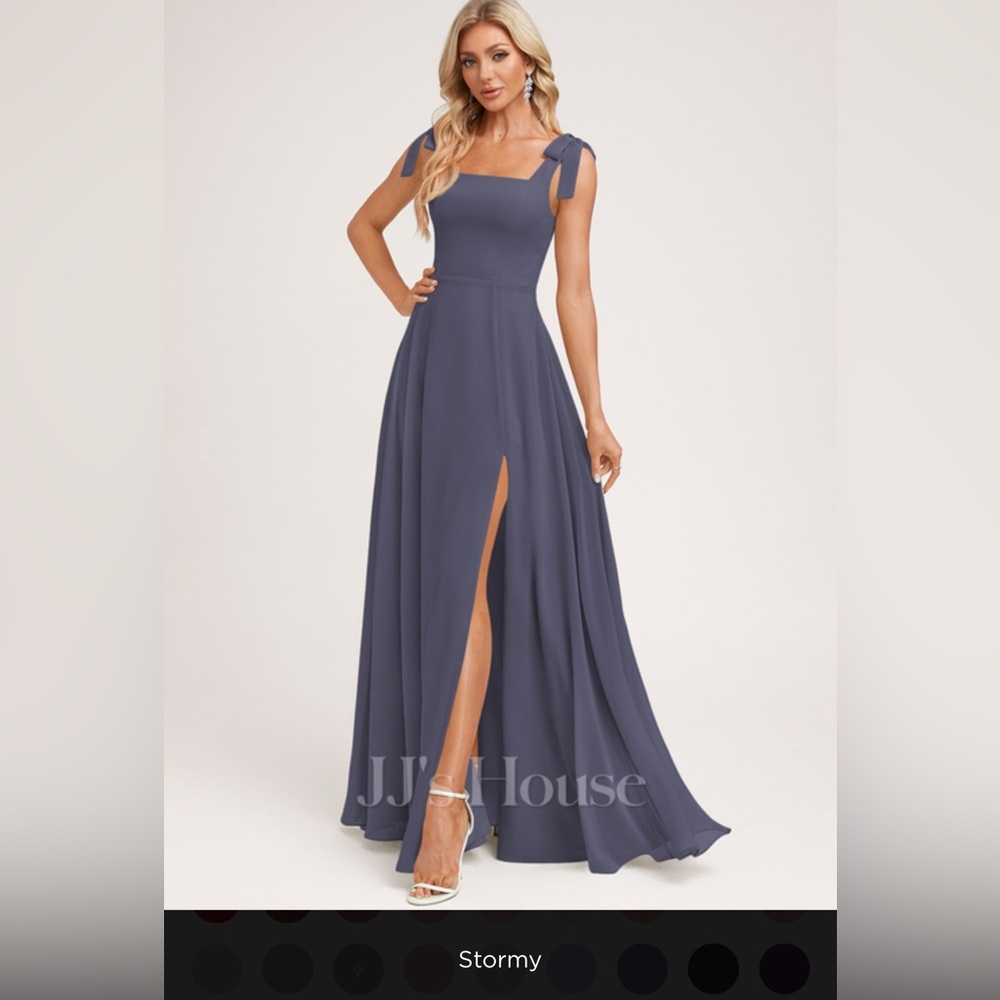 JJs House Stormy Blue Maxi Dress with Shoulder Ties and Front Slit